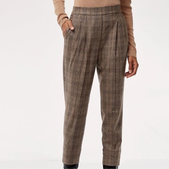 Babaton Aritzia Cohen Pants Pleated Glen Plaid CASHMERE Check Tan Size 16 Career - Picture 1 of 11
